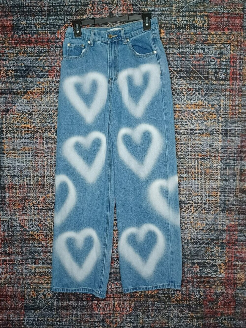 Adika womens medium distressed HEARTS AOP highrise boot jeans Sx30 EUC